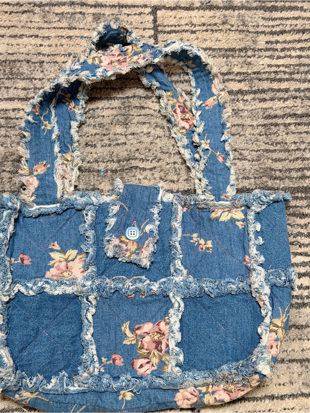 Blue Floral Denim Patchwork Tote Bag
